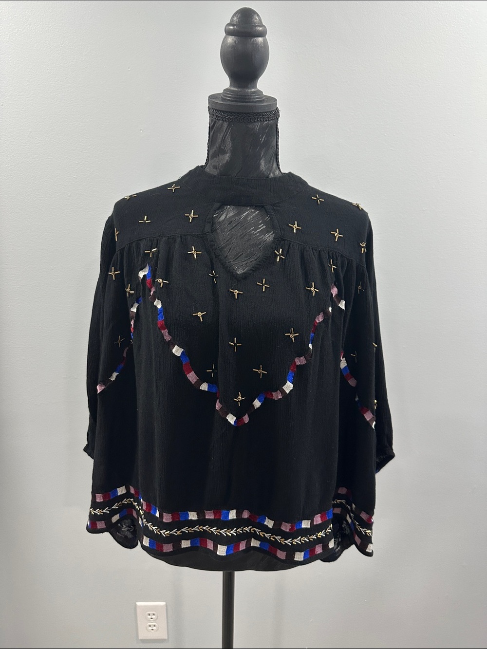 Black Embroidered Boho Blouse with Multicolor Trim - Women